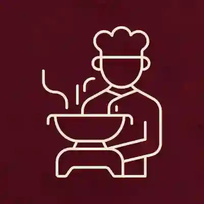A line drawing of a chef with stove in front of him.