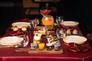 A wide shot of the table which shows