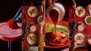 Couple enjoying romantic fusion dining and table-side gourmet dish at Haveli Lounge