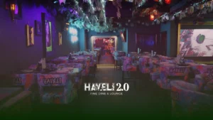 Haveli 2.0 Fine Dine and Lounge interior seating with romantic lighting in Business Bay