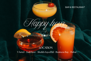 Happy hour cocktail drinks at Haveli Bar and Restaurant located on the 2nd Floor of V Hotel Dubai in Business Bay.